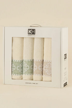 Karaca Home Cozy Bath Jakarlı %100 Pamuk 4 Parça Hamam Seti Yeşil-Bej 