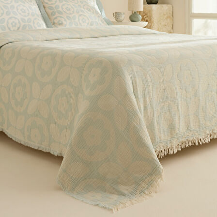 Karaca Home Shayla Mavi Baskılı Müslin Çift Kişilik Pike Takımı