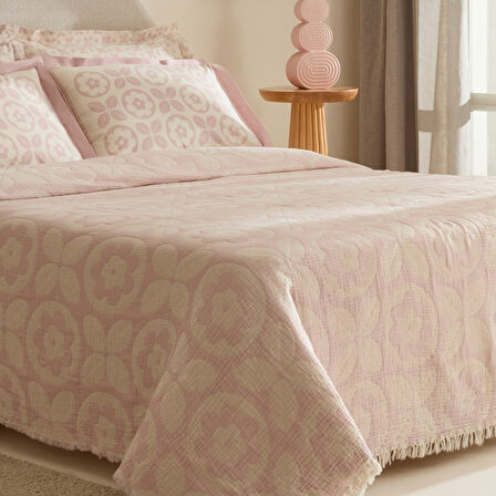 Karaca Home Shayla Pembe Baskılı Müslin Çift Kişilik Pike Takımı