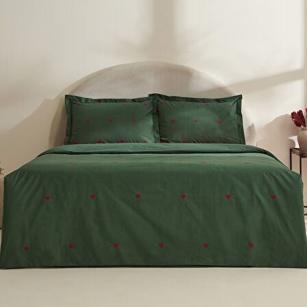 Karaca Home Amour Mio %100 Pamuk Çift Kişilik Nakışlı Nevresim Takımı Koyu Yeşil