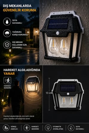 Panther LED Duvar Lambası Solar Güneş Enerjili Rustik - Hareket Sensörlü Bahçe ve Dış Mekan Aydınlatması - PT-2992