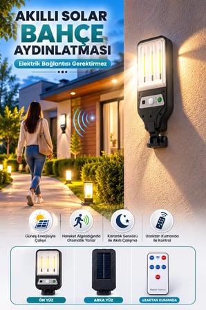 Solar LED Duvar Lambası Hareket Sensörlü Uzaktan Kumandalı Güneş Enerjili Dış Mekan Bahçe Aydınlatma Lambası