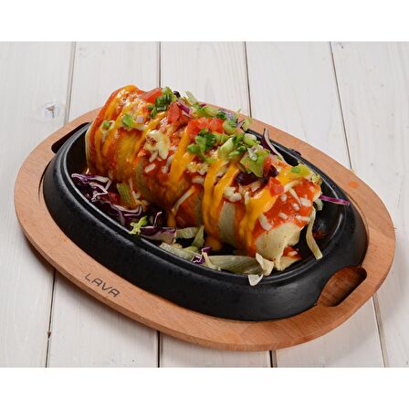 Lava Döküm Oval Hot Plate, ahşap altlıklı. Ölçü 12x19cm.