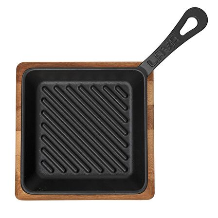 Lava Döküm Mini Izgara Tava, Saplı, Kare, Ahşap altlıklı. Ölçü 16x16cm.