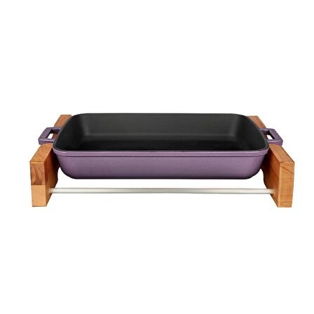 Lava Döküm Dikdörtgen Rosto ve Fırın Tepsisi Kayın Servis Ahşabı Döküm Demir Yekpare Çift Kulplu Ölçü 22x30cm.