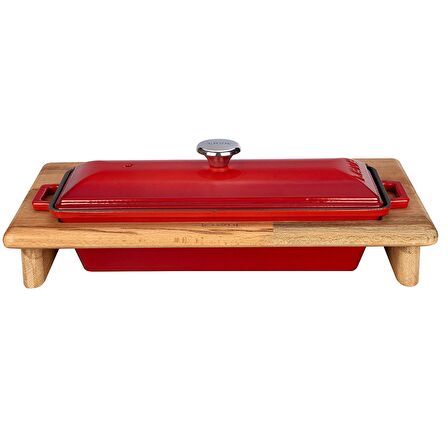 Lava Döküm Ekmek Kabı / Terrine ve ahşap standı. Ölçü 11x29cm. - Kırmızı