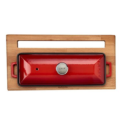 Lava Döküm Ekmek Kabı / Terrine ve ahşap standı. Ölçü 11x29cm. - Kırmızı