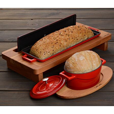 Lava Döküm Ekmek Kabı / Terrine ve ahşap standı. Ölçü 11x29cm. - Kırmızı