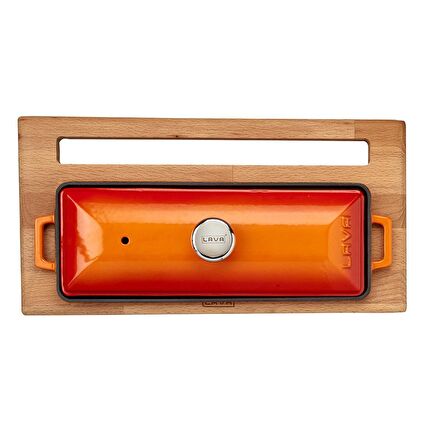 Lava Döküm Ekmek Kabı / Terrine ve ahşap standı. Ölçü 11x29cm. - Turuncu