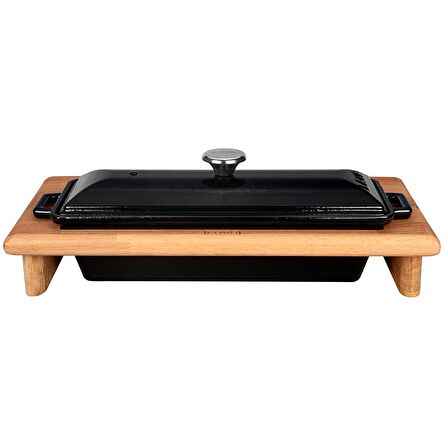Lava Döküm Ekmek Kabı / Terrine ve ahşap standı. Ölçü 11x29cm. - Siyah
