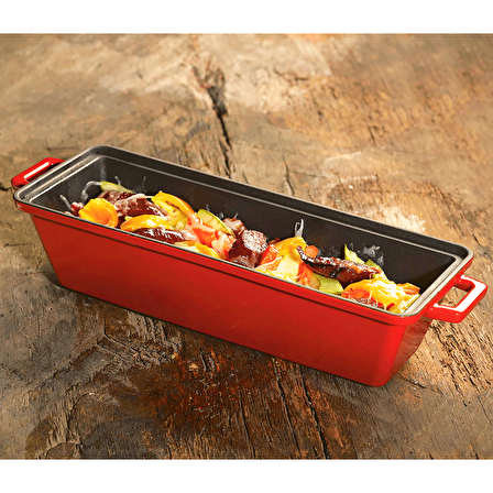 Lava Döküm Ekmek Kabı / Terrine ve ahşap standı. Ölçü 11x29cm. - Siyah