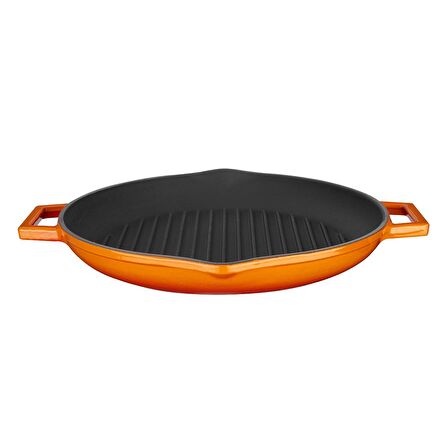 Lava Döküm Yuvarlak Izgara Tava, Metal Kulplu. Çap(Ø)30cm.  - Turuncu