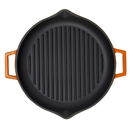 Lava Döküm Yuvarlak Izgara Tava, Metal Kulplu. Çap(Ø)30cm.  - Turuncu