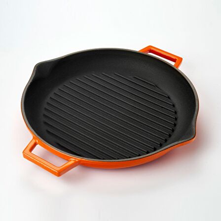 Lava Döküm Yuvarlak Izgara Tava, Metal Kulplu. Çap(Ø)30cm.  - Turuncu