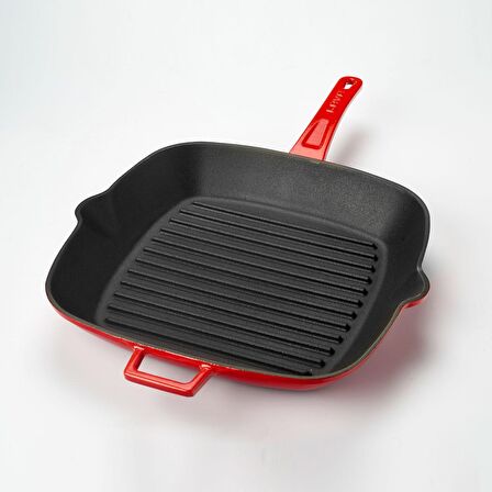 Lava Döküm Izgara Tava, Metal Saplı. Ölçü 28x28cm. - Kırmızı