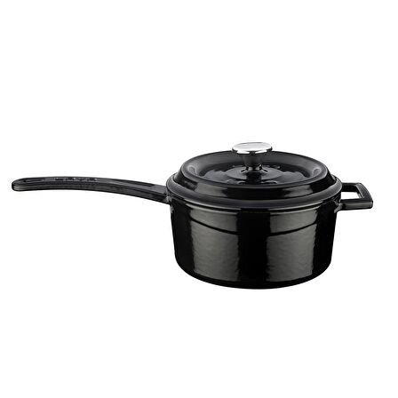 Lava Döküm Yuvarlak Sos Tenceresi. Metal Saplı Çap(Ø16 cm. - Siyah