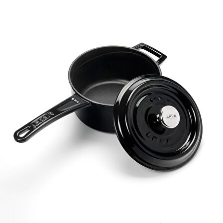Lava Döküm Yuvarlak Sos Tenceresi. Metal Saplı Çap(Ø16 cm. - Siyah