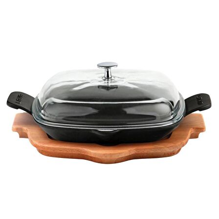 Lava Ahşap Altlıklı Cam Kapaklı Kızartma Tavası 26x26 Cm Düz Zeminli 