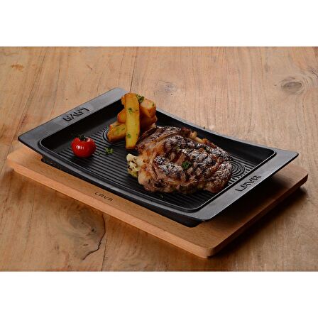 Lava Döküm Servis Tabağı ve ahşap altlık. Siyah renk. Ölçü 36x24cm.