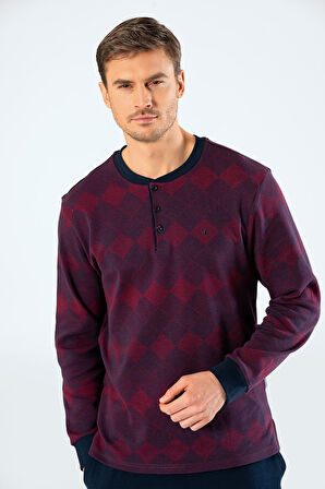 %100 Pamuk Jakarlı Baklava Desen Uzunkol Yakası Düğmeli Erkek Pijama Takım