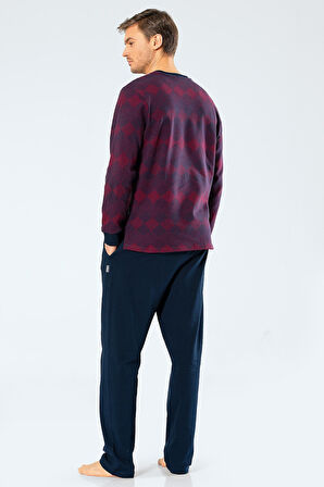 %100 Pamuk Jakarlı Baklava Desen Uzunkol Yakası Düğmeli Erkek Pijama Takım