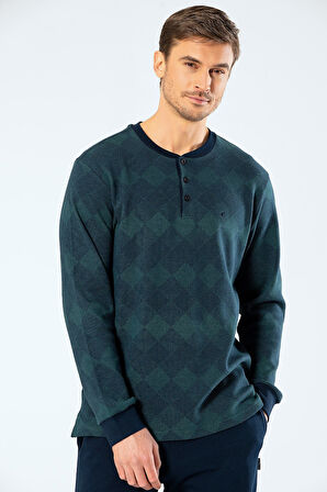 %100 Pamuk Jakarlı Baklava Desen Uzunkol Yakası Düğmeli Erkek Pijama Takım