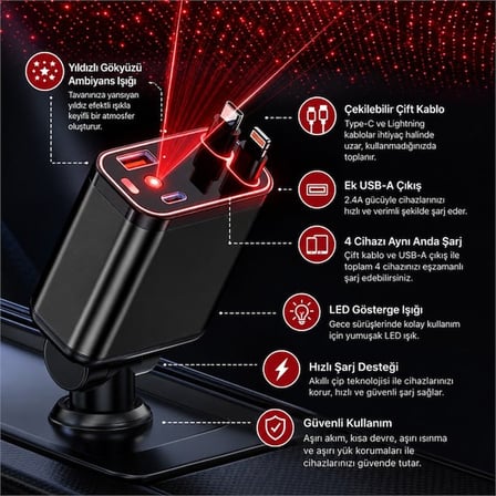 Hello HL-29871 Araç Çakmaklık Şarj Cihazı Dahili Çekilebilir Type-C Lightning Çift Kablo Ambiyans Işıklı