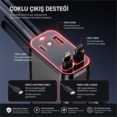 Hello HL-29871 Araç Çakmaklık Şarj Cihazı Dahili Çekilebilir Type-C Lightning Çift Kablo Ambiyans Işıklı