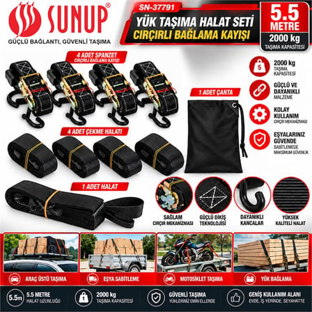 Sunup SN-37791 5,5 Metre Yük Taşıma Halat Seti Cırcırlı Bağlama Kayışı Spanzet 2000KG