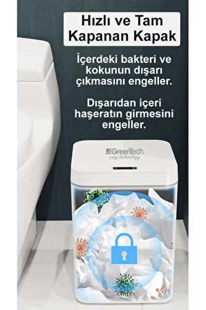Greentech Sensörlü 16 Litre Çöp Kovası (Şarj Edilebilir Lityum Pilli) / GT-SC03