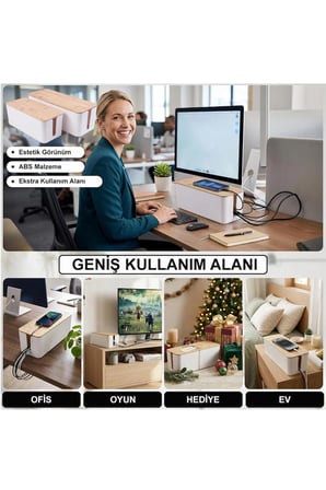 Greentech Kablo Düzenleme Kutusu (Bambu+Beyaz Renk-Büyük Boy) GT-PK02