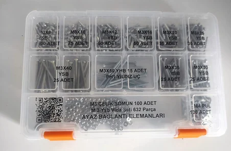 AY-CİV M 3 Ysb Vida Civata Somun Pul Seti Vida Seti 632 Parça