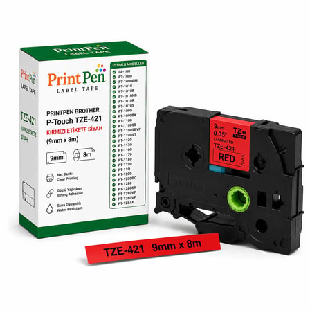Printpen Brother P-touch TZE-421 Kirmizi Etikete Siyah (9mm x 8m) GL-100 PT-1000