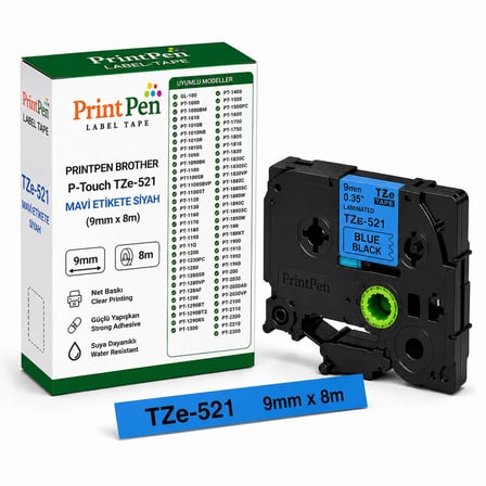 Printpen Brother P-touch TZe-521 Mavi Etikete Siyah (9mm x 8m) GL-100 PT-1000