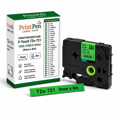 Printpen Brother P-touch TZe-721 Yesil Etikete Siyah (9mm x 8m) GL-100 PT-1000