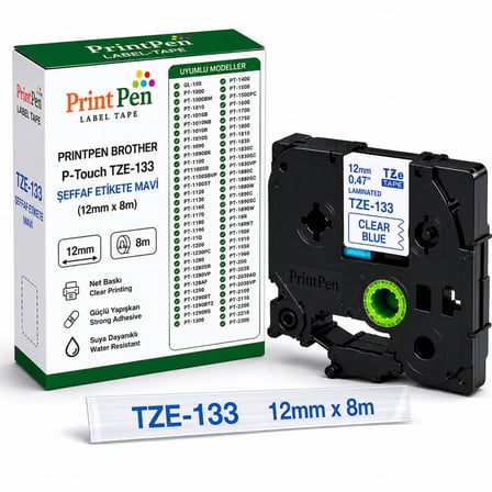 Printpen Brother P-touch TZE-133 Şeffaf Etikete Mavi (12mm x 8m) GL-100 PT-1000