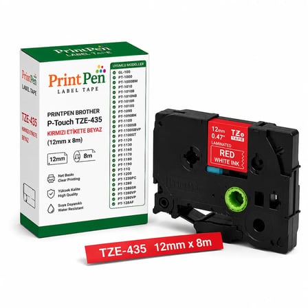 Printpen Brother P-touch TZE-435 Kirmizi Etikete Beyaz (12mm x 8m) GL-100 PT-1000