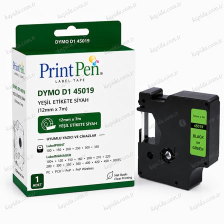 Printpen DYMO D1 45019 YESIL Etikete Siyah (12mm x 7m) LabelPOINT 100 150