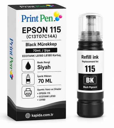 Printpen Epson 115 (C13T07C14A) Black Murekkep 70Ml /Sise Ecotank L8160 L8180 Kartus