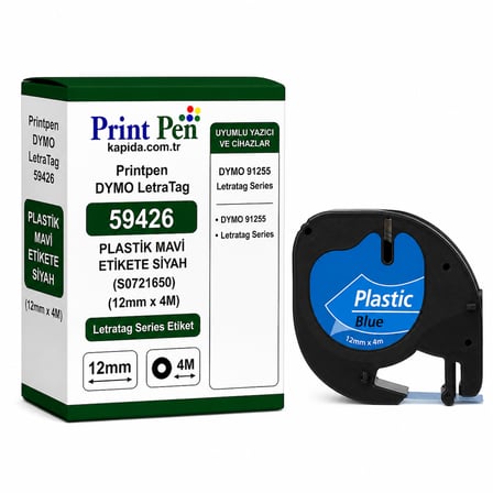 Printpen Dymo Letratag 59426 Plastık Mavı Etıkete Sıyah (S0721650) (12Mm X 4M) Letratag Series Etiket
