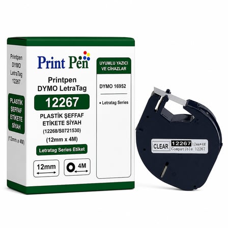 Printpen Dymo Letratag 12267 Plastık Şeffaf Etıkete Sıyah (12268/S0721530) (12mm x 4m) Letratag Series Etiket