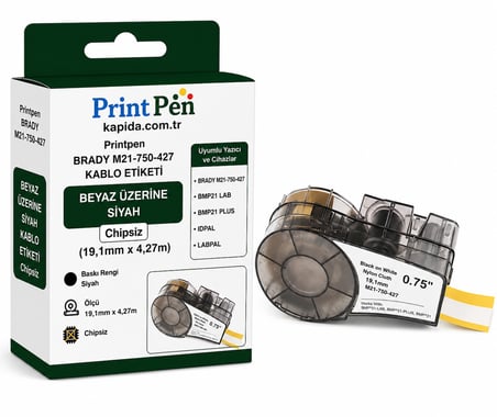 Printpen Brady M21-750-427 Kablo Etiketi Beyaz Üzeri Siyah Chipsiz (19,1mm x 4,27m) BMP21 Lab BMP21 Plus