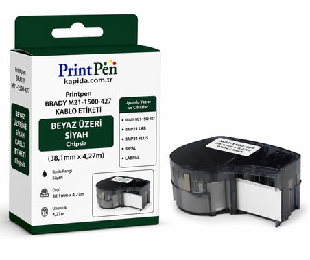 Printpen Brady M21-1500-427 Kablo Etiketi Beyaz Üzeri Siyah Chipsiz (38,1mm x 4,27m) BMP21 Lab BMP21 Plus