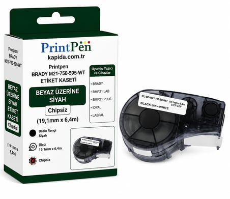 Printpen Brady M21-750-595-WT Etiket Kaseti Beyaz Üzeri Siyah Chipsiz (19,1mm x 6,4m) BMP21 Lab BMP21 Plus