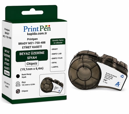 Printpen Brady M21-750-488 Etiket Kaseti Beyaz Üzeri Siyah Chipsiz (19,1mm x 6,4m) BMP21 Lab BMP21 Plus