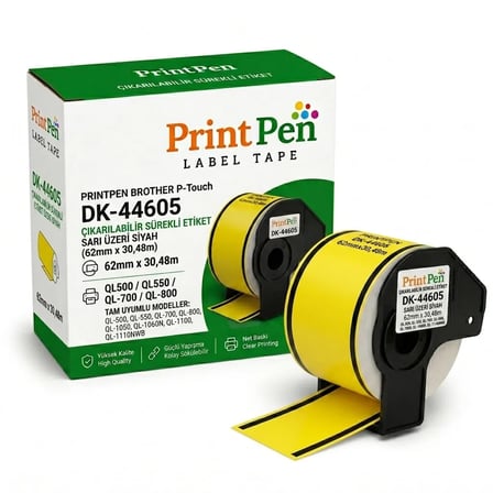 Printpen Brother P-touch DK-44605 Çikarilabilir Sürekli Etiket Sari Üzeri Siyah (62mm x 30,48m) QL500 QL550