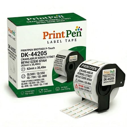 Printpen Brother P Touch Dk 44205 Cikarilabilir Surekli Etiket Beyaz Uzeri Siyah (62Mm X 30,48M) Ql500 Ql550