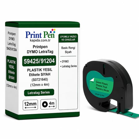 Printpen Dymo Letratag 59425/91204 Plastik Yesil Etikete Siyah (S0721640) (12mm x 4m) Letratag Series