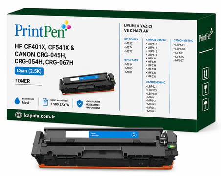 Printpen Hp Cf401X,Cf541X & Canon Crg 045H, Crg 054H,Crg 067H Mavi (2 5K) M252 M274 Toner