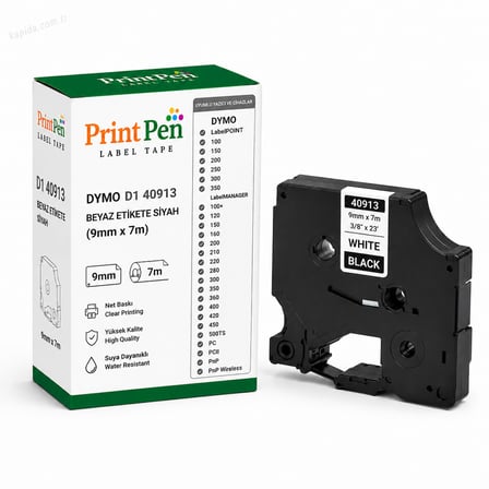 Printpen Dymo D1 40913 Beyaz Etikete Siyah (9mm x 7m) LabelPOINT 100 150